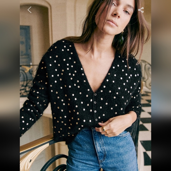 Sezane Sweaters - Sezane Lizy Wool/ Kid Mohair Long Sleeve Black Cardigan w/ Gold Polka Dots
